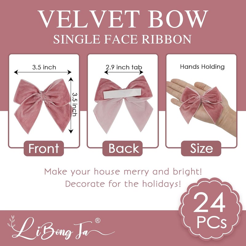 LiBongTa 3.5" Dusty Rose Bows Velvet Ribbon Bow with Self Adhesive, Small Gift Bows Decor, Pink Valentine Bows for Treat Bag, Candy Pop, Basket, Party Favor, Craft Bow for Gift Wrapping-24 PCs - Image 2